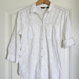Eddie Bauer White Eyelet Shirt 3/4 Sleeves Size L